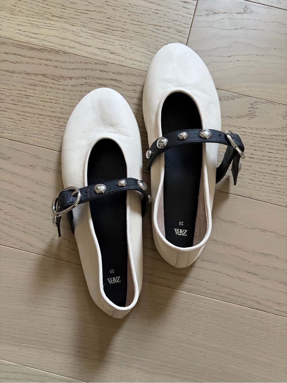 Zara Cream Leather Studded Mary Jane Ballet Flats EU 39 US 8.5 Buckle Balletcore - Picture 4 of 10